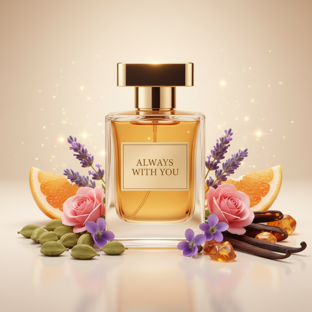 صورة منتج عطر دائماً معك بزجاجة ذهبية والاسم ALWAYS WITH YOU على الزجاجة مع لافندر وورد وكارداموم وفانيليا وعنبر
