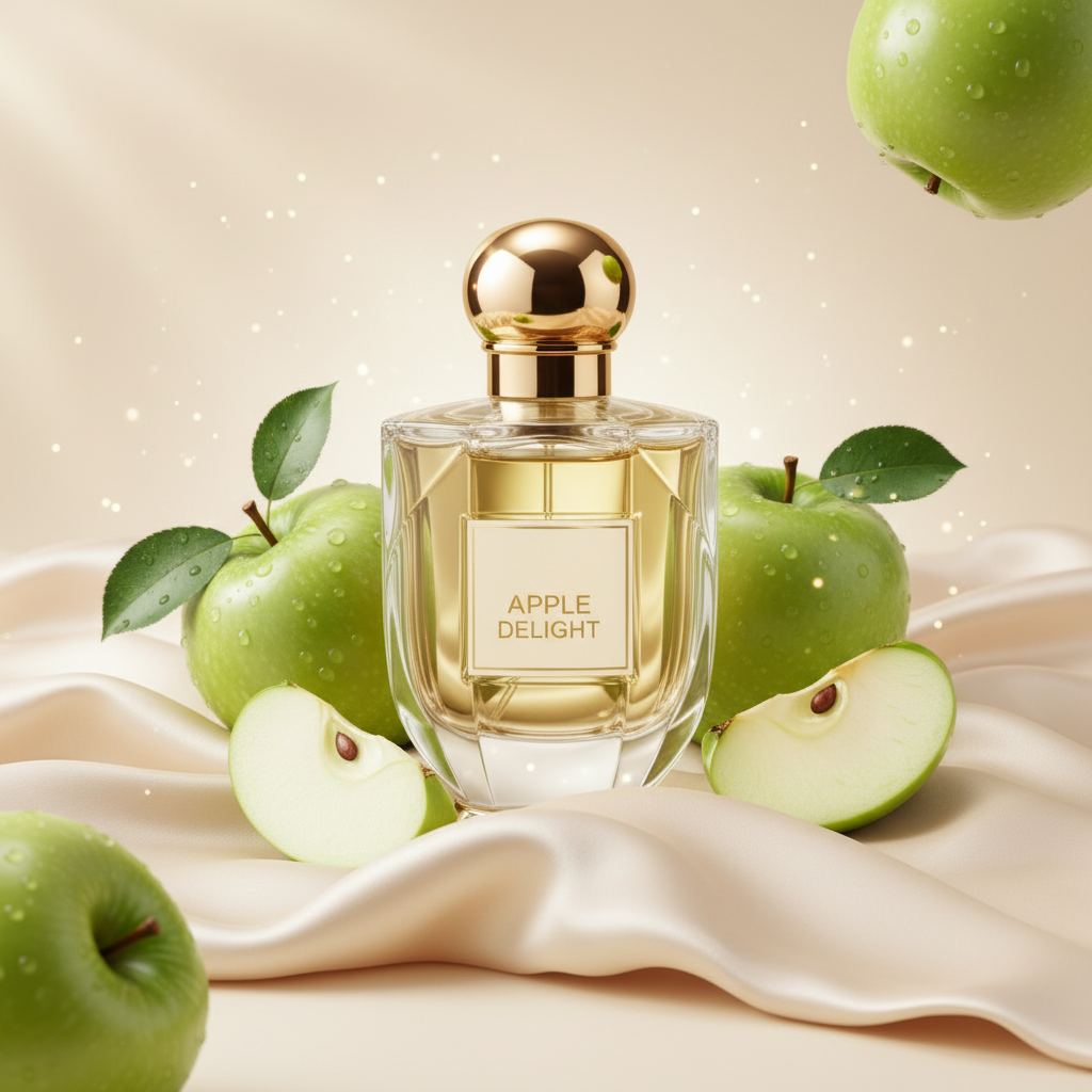 صورة منتج عطر لذة التفاح بخلفية حريرية كريمية والاسم APPLE DELIGHT على الزجاجة مع تفاح أخضر طازج وقطرات ماء