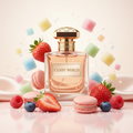 صورة منتج عطر عالم الحلوى بخلفية باستيل والاسم CANDY WORLD على الزجاجة مع حلوى ملونة وفراولة وماكرون