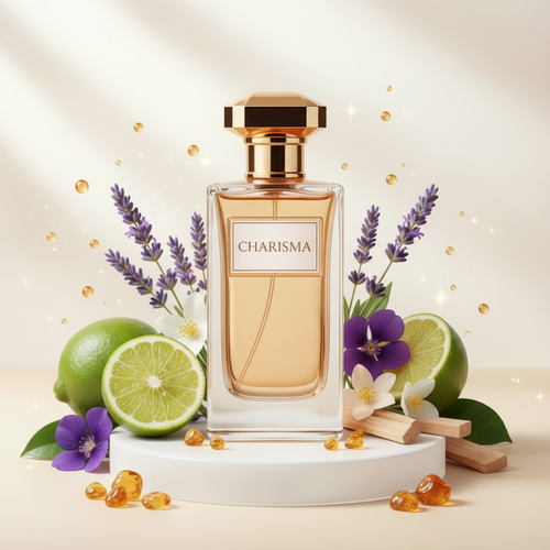 صورة منتج عطر الكاريزما بزجاجة ذهبية والاسم CHARISMA على الزجاجة مع لافندر وليمون أخضر وصندل وعنبر