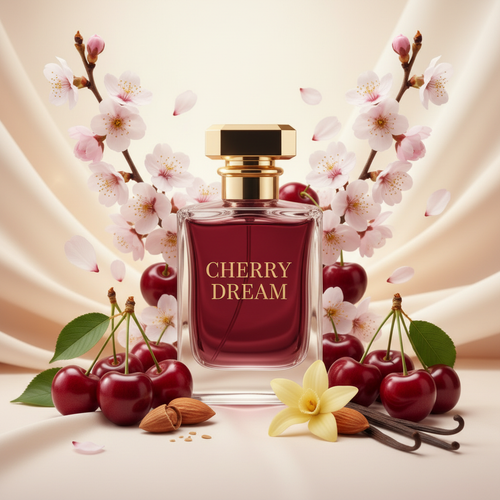 صورة منتج عطر حلم الكرز بخلفية كريمية فاتحة والاسم CHERRY DREAM على الزجاجة مع كرز وأزهار ولوز وفانيليا
