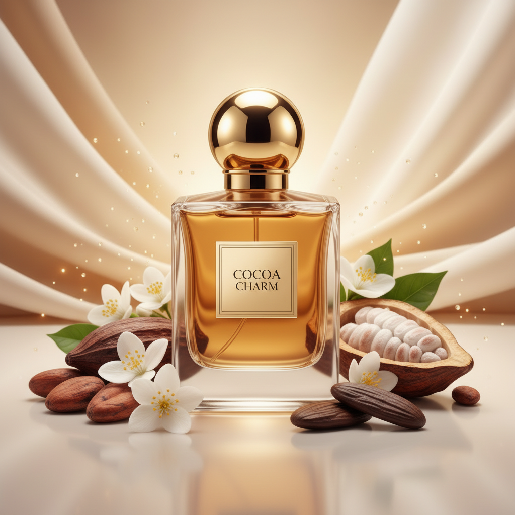 صورة منتج عطر سحر الكاكاو بخلفية كاكاو دافئة والاسم COCOA CHARM على الزجاجة مع حبوب كاكاو وأزهار بيضاء