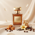 صورة منتج عطر إمبراطور القهوة بخلفية كريمية دافئة والاسم COFFEE EMPEROR على الزجاجة مع تاج ذهبي وقهوة وكراميل وفانيليا