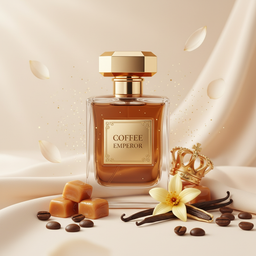 صورة منتج عطر إمبراطور القهوة بخلفية كريمية دافئة والاسم COFFEE EMPEROR على الزجاجة مع تاج ذهبي وقهوة وكراميل وفانيليا