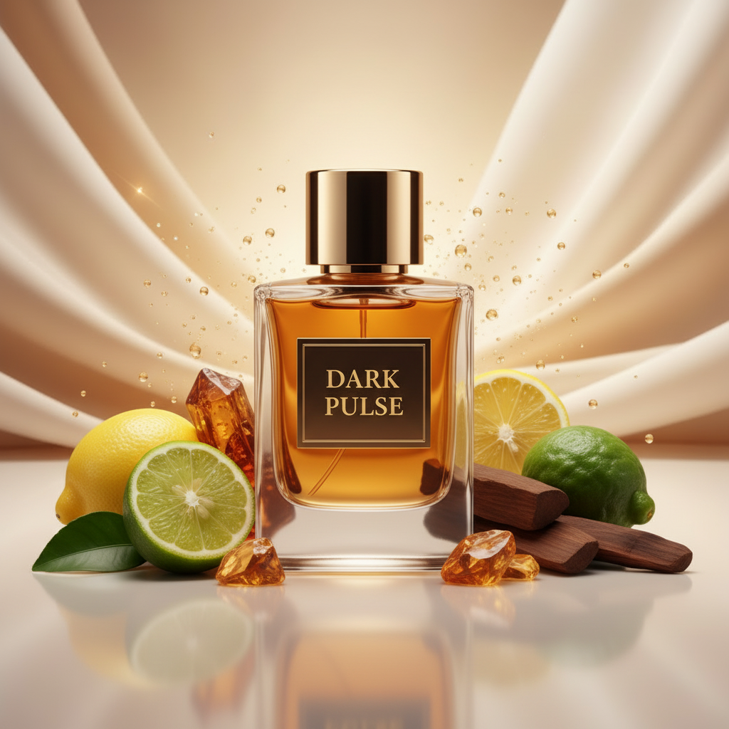 صورة منتج عطر نبض الظلام بخلفية حريرية دافئة والاسم DARK PULSE على الزجاجة مع حمضيات وقطع خشبية وعنبر