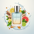 صورة منتج عطر موجة الفجر بزجاجة فضية والاسم DAWN WAVE على الزجاجة مع موجة ماء وليمون وزنجبيل وجريب فروت