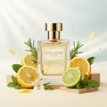 صورة منتج عطر شعاع اليوم بخلفية فاتحة والاسم DAYLIGHT GLOW على الزجاجة مع حمضيات وأعشاب طازجة
