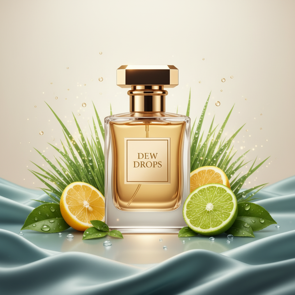 صورة منتج عطر قطرات الندى بخلفية حريرية كريمية ومائية والاسم DEW DROPS على الزجاجة مع عشب وقطرات ندى وحمضيات