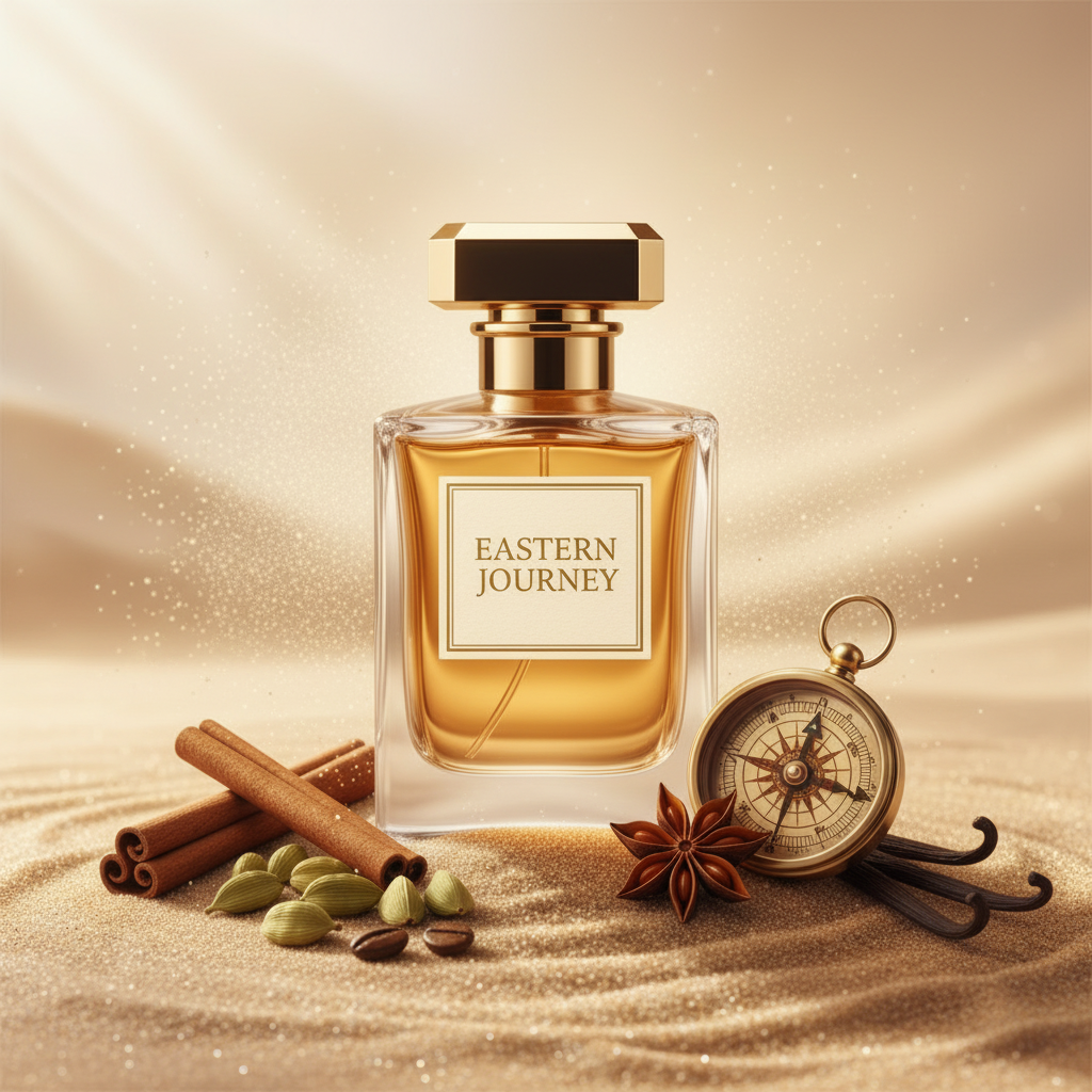 صورة منتج عطر رحلة الشرق بخلفية رملية ذهبية والاسم EASTERN JOURNEY على الزجاجة مع بوصلة ذهبية وتوابل وفانيليا