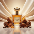 صورة منتج عطر ملك السهرة بتاج ذهبي والاسم EVENING KING على الزجاجة مع بهارات وقطع خشبية وعنبر ذهبي