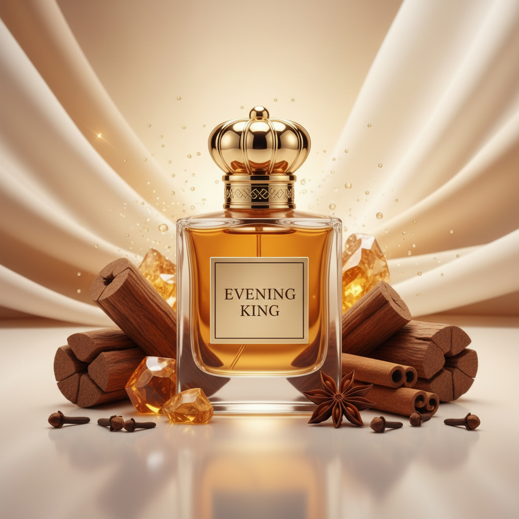 صورة منتج عطر ملك السهرة بتاج ذهبي والاسم EVENING KING على الزجاجة مع بهارات وقطع خشبية وعنبر ذهبي