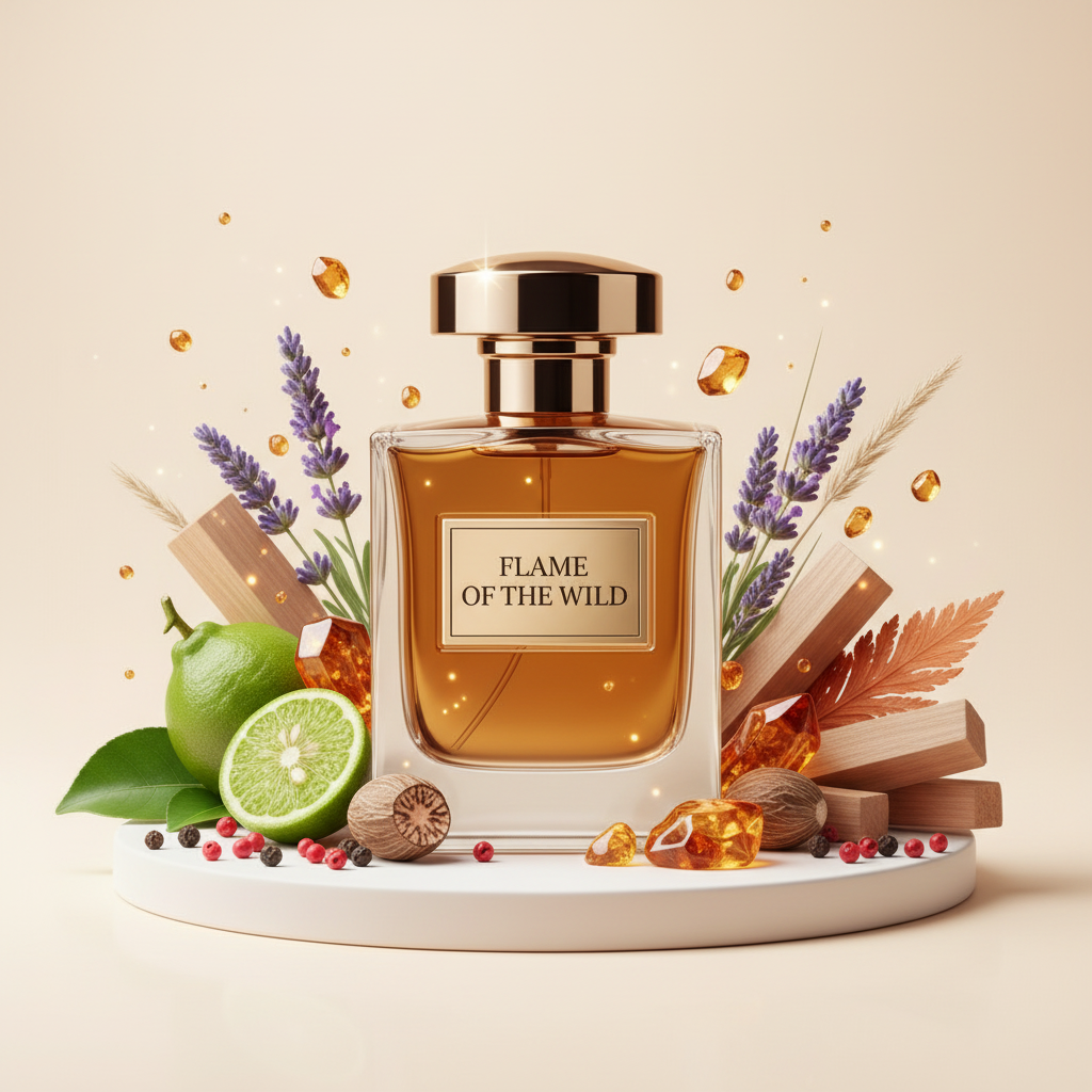 صورة منتج عطر شعلة البراري بزجاجة ذهبية والاسم FLAME OF THE WILD على الزجاجة مع برغموت ولافندر وخشب وعنبر