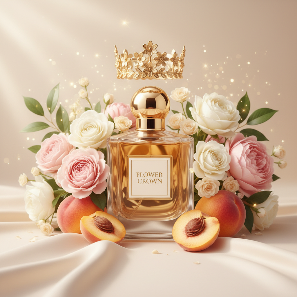 صورة منتج عطر تاج الأزهار بتاج ذهبي من الأزهار والاسم FLOWER CROWN على الزجاجة مع باقة أزهار وخوخ ومشمش