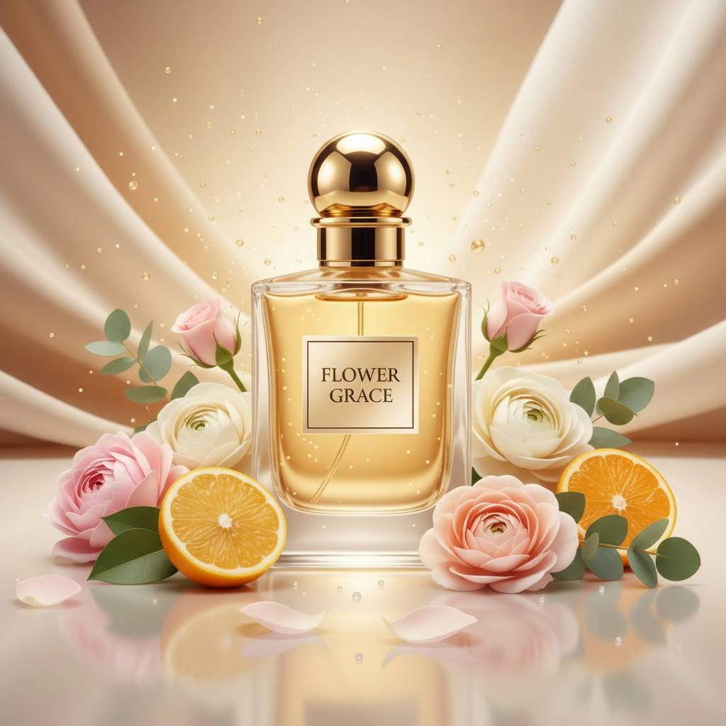 صورة منتج عطر رقة الأزهار بخلفية حريرية ذهبية والاسم FLOWER GRACE على الزجاجة مع باقة أزهار باستيل وشرائح برتقال