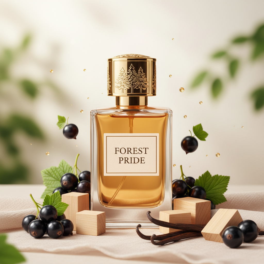 صورة منتج عطر فخر الغابة بخلفية فاتحة والاسم FOREST PRIDE على الزجاجة مع ثمار الكاسيس وأخشاب وفانيليا