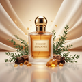 صورة منتج عطر ظلال الغابة بخلفية حريرية بظلال ناعمة والاسم FOREST SHADOWS على الزجاجة مع أغصان خضراء وقطع عنبر