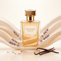 صورة منتج عطر نسيم الحرية بخلفية حريرية كريمية والاسم FREEDOM BREEZE على الزجاجة مع خزامى بنفسجية وفانيليا