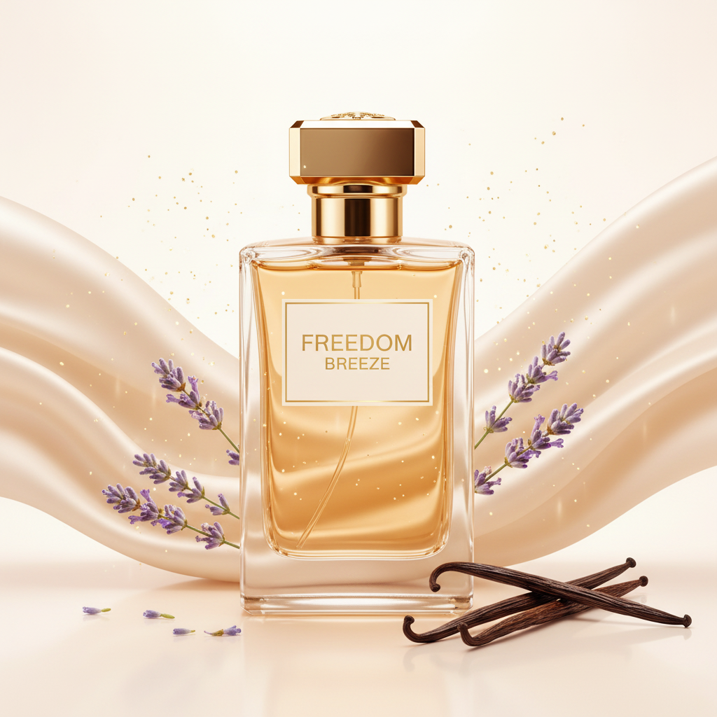 صورة منتج عطر نسيم الحرية بخلفية حريرية كريمية والاسم FREEDOM BREEZE على الزجاجة مع خزامى بنفسجية وفانيليا
