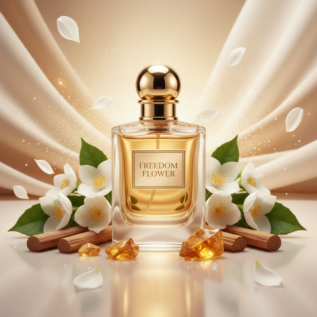 صورة منتج عطر زهرة الحرية بخلفية حريرية دافئة والاسم FREEDOM FLOWER على الزجاجة مع أزهار بيضاء وصندل وعنبر