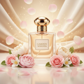 صورة منتج عطر همس الجنة بخلفية حريرية كريمية والاسم GARDEN WHISPER على الزجاجة مع ورد وردي وبتلات متطايرة