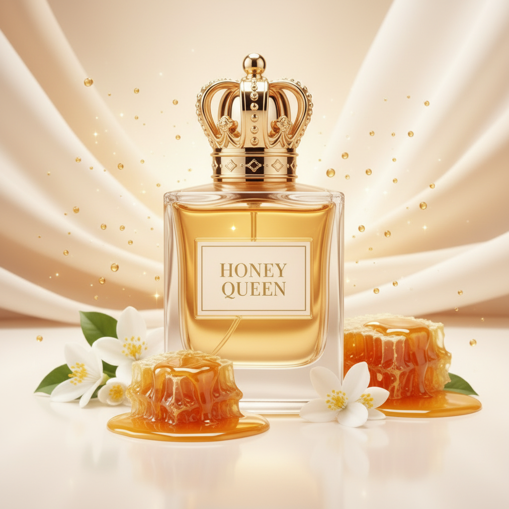 صورة منتج عطر ملكة العسل بتاج ذهبي والاسم HONEY QUEEN على الزجاجة مع عسل وأزهار بيضاء