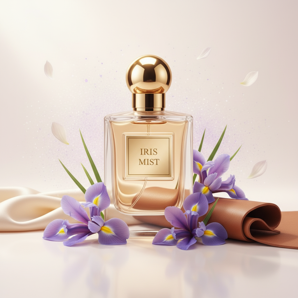 صورة منتج عطر رذاذ السوسن بخلفية بودري فاتحة والاسم IRIS MIST على الزجاجة مع أزهار سوسن بنفسجية وجلد راقٍ