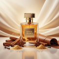 صورة منتج عطر تاج الملوك بخلفية كريمية دافئة والاسم KINGS CROWN على الزجاجة مع قرفة وتوابل وجلد