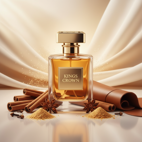 صورة منتج عطر تاج الملوك بخلفية كريمية دافئة والاسم KINGS CROWN على الزجاجة مع قرفة وتوابل وجلد