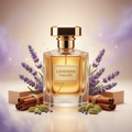 صورة منتج عطر وادي الخزامى بخلفية لافندرية بنفسجية والاسم LAVENDER VALLEY على الزجاجة مع خزامى وقرفة وهيل