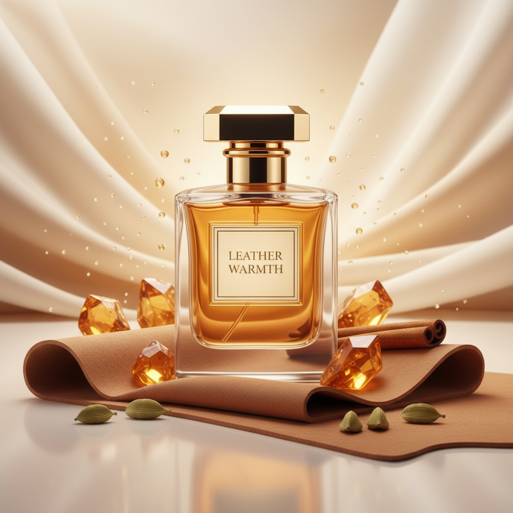 صورة منتج عطر دفء الجلد بخلفية كريمية دافئة والاسم LEATHER WARMTH على الزجاجة مع قطعة جلد وعنبر وتوابل