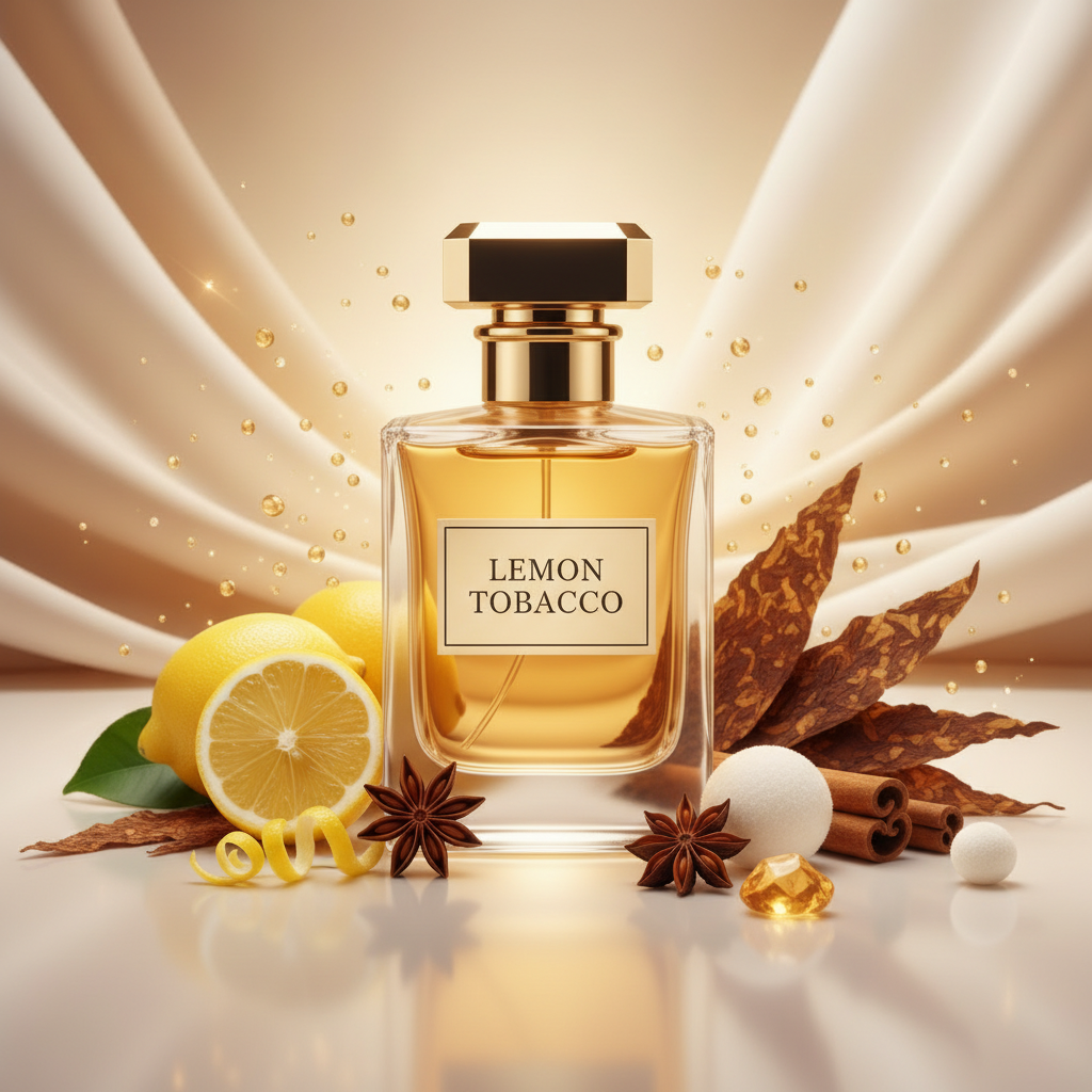 صورة منتج عطر ليمون توباك بزجاجة ذهبية والاسم LEMON TOBACCO على الزجاجة مع ليمون وأوراق توباك وقرفة وعنبر