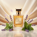 صورة منتج عطر سيد الأناقة بخلفية حريرية كريمية والاسم LORD OF ELEGANCE على الزجاجة مع لافندر ونعناع