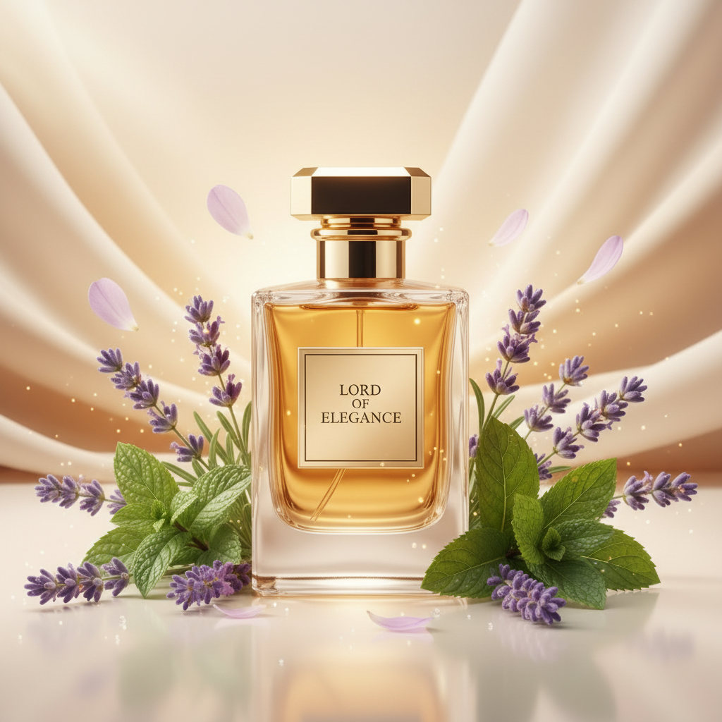 صورة منتج عطر سيد الأناقة بخلفية حريرية كريمية والاسم LORD OF ELEGANCE على الزجاجة مع لافندر ونعناع