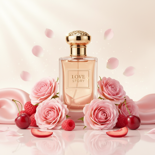 صورة منتج عطر حكاية الحب بخلفية وردية دافئة والاسم LOVE STORY على الزجاجة مع ورد وردي وفواكه حمراء وبتلات متطايرة