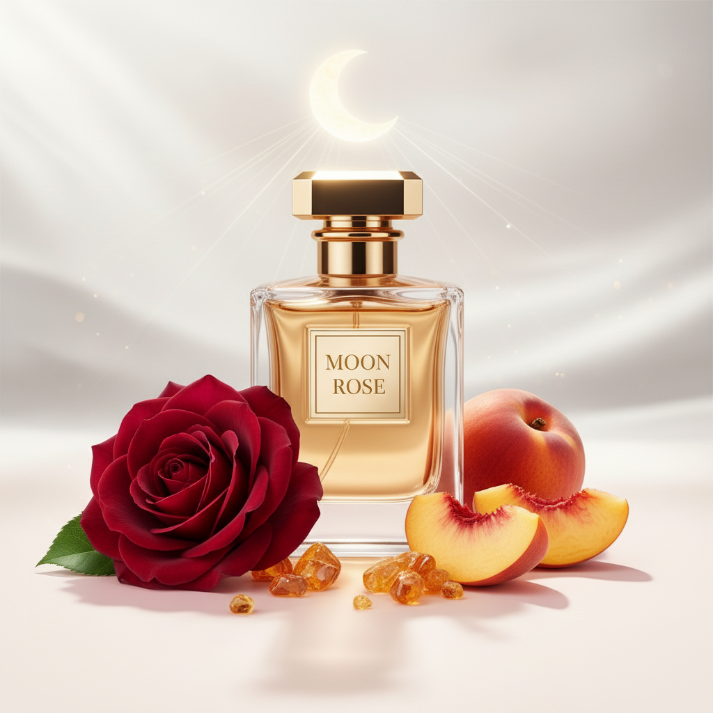 صورة منتج عطر وردة القمر بخلفية فضية بهلال ذهبي والاسم MOON ROSE على الزجاجة مع وردة حمراء وخوخ وعنبر