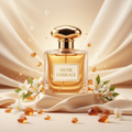 صورة منتج عطر حضن المسك بخلفية حريرية دافئة والاسم MUSK EMBRACE على الزجاجة مع أزهار بيضاء وعنبر