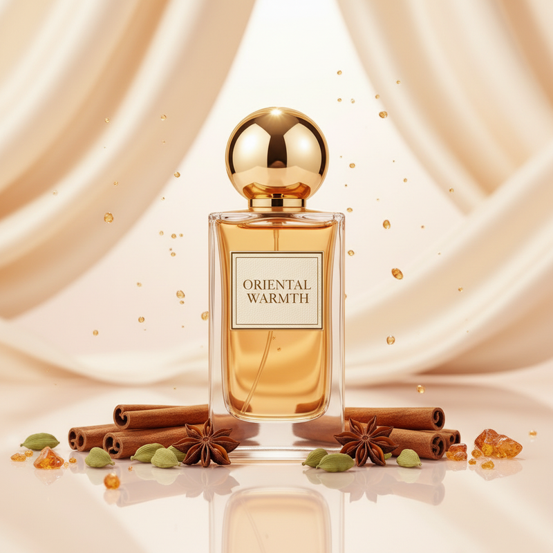 صورة منتج عطر دفء المشرق بخلفية كريمية دافئة والاسم ORIENTAL WARMTH على الزجاجة مع قرفة ويانسون وعنبر
