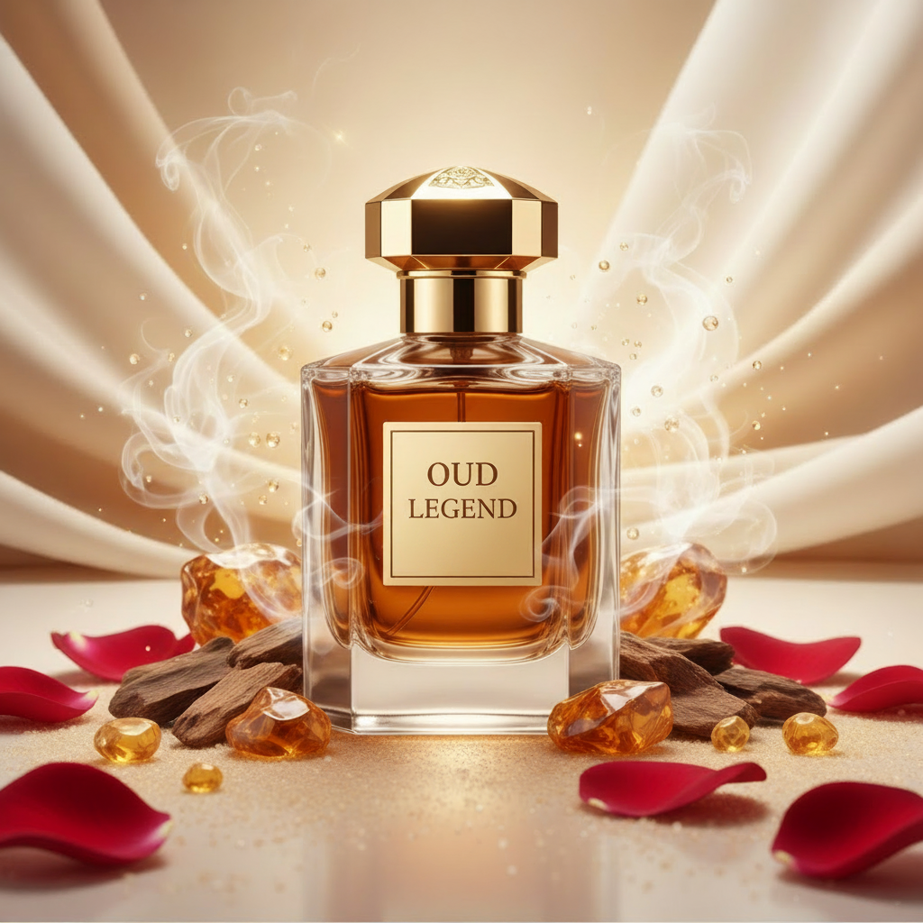 صورة منتج عطر أسطورة العود بخلفية كريمية دافئة والاسم OUD LEGEND على الزجاجة مع دخان عود وبتلات ورد وعنبر