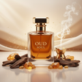 صورة منتج عطر روح العود بخلفية حريرية دافئة والاسم OUD SOUL على الزجاجة مع قطع عود ومبخرة يتصاعد منها دخان