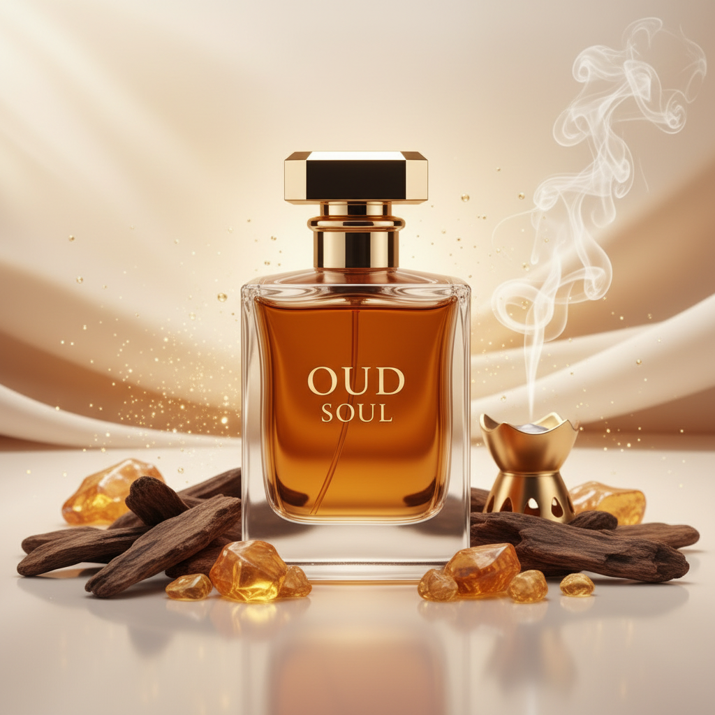 صورة منتج عطر روح العود بخلفية حريرية دافئة والاسم OUD SOUL على الزجاجة مع قطع عود ومبخرة يتصاعد منها دخان