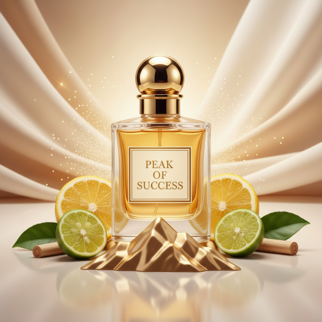 صورة منتج عطر قمة النجاح على قمة جبل ذهبي والاسم PEAK OF SUCCESS على الزجاجة مع حمضيات وقطع خشبية