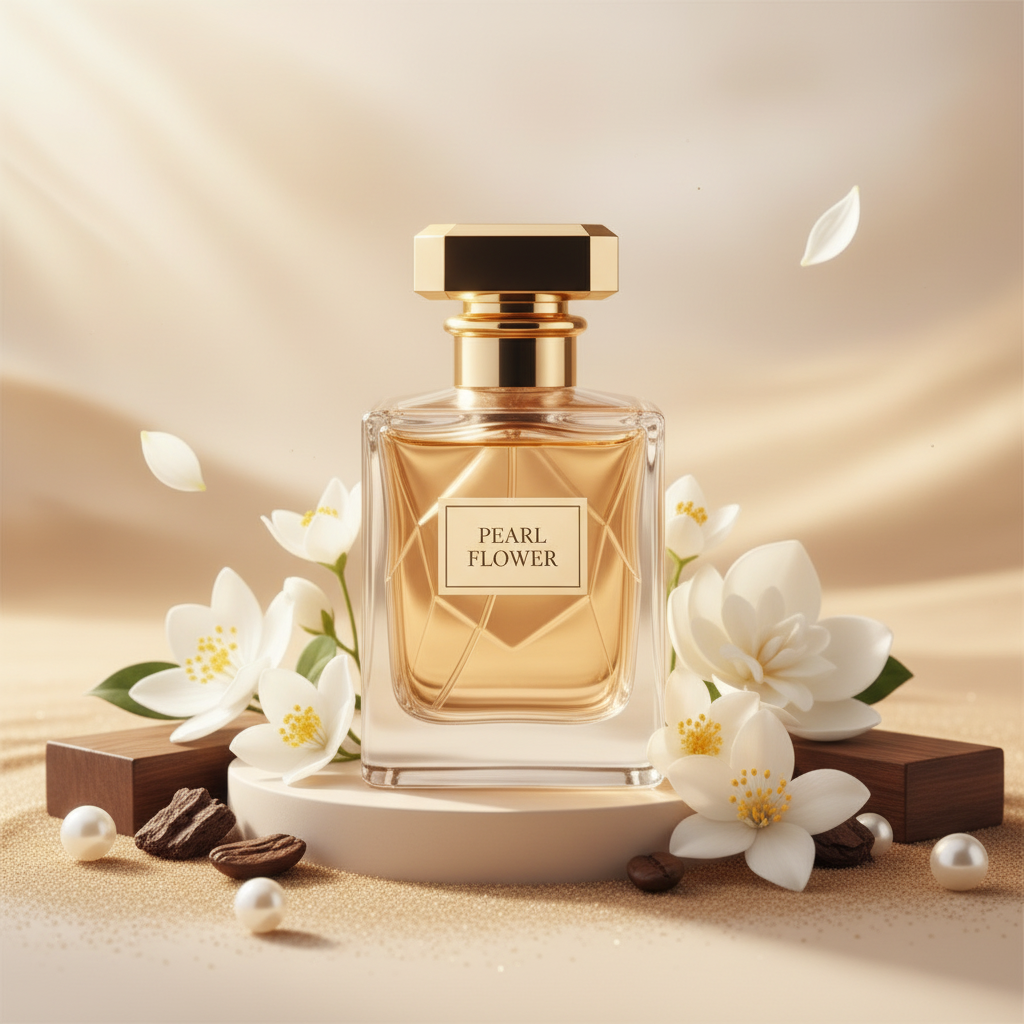 صورة منتج عطر لؤلؤة الأزهار بخلفية لؤلؤية فاتحة والاسم PEARL FLOWER على الزجاجة مع أزهار بيضاء ولؤلؤ وأخشاب