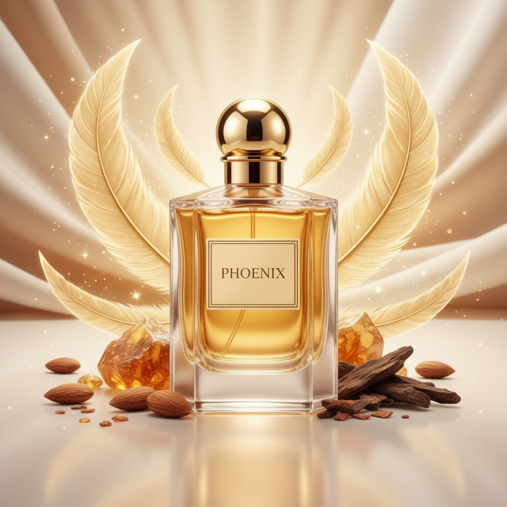 صورة منتج عطر العنقاء بخلفية ذهبية دافئة والاسم PHOENIX على الزجاجة مع ريشات ذهبية ولوز وعنبر وأخشاب