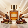 صورة منتج عطر سحر الحضور بخلفية حريرية ذهبية والاسم PRESENCE CHARM على الزجاجة مع بهارات وخشب مدخّن وعنبر