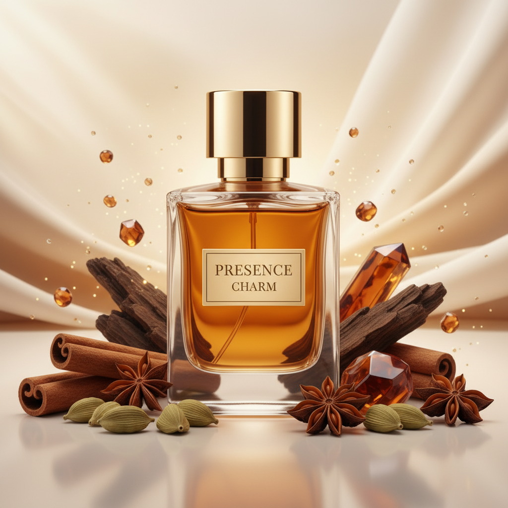 صورة منتج عطر سحر الحضور بخلفية حريرية ذهبية والاسم PRESENCE CHARM على الزجاجة مع بهارات وخشب مدخّن وعنبر