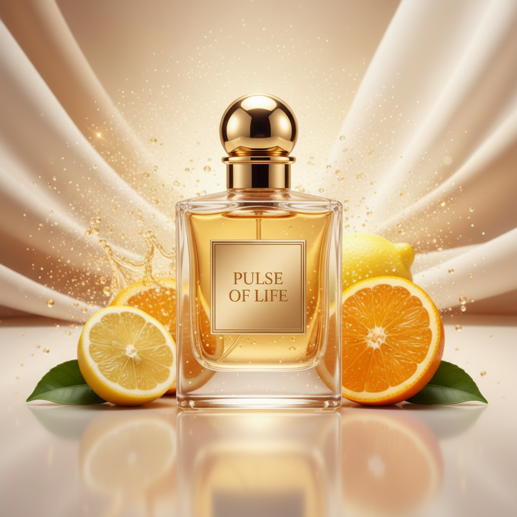 صورة منتج عطر نبض الحياة بخلفية حريرية ذهبية والاسم PULSE OF LIFE على الزجاجة مع حمضيات طازجة واندفاعة عصير