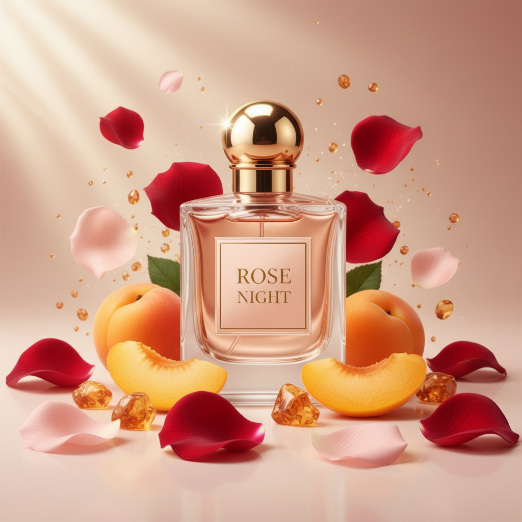 صورة منتج عطر ليلة الورد بخلفية وردية دافئة والاسم ROSE NIGHT على الزجاجة مع بتلات ورد ومشمش وعنبر