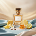 صورة منتج عطر نسمة البحر بخلفية حريرية زرقاء وكريمية والاسم SEA BREEZE على الزجاجة مع حمضيات وملح بحري