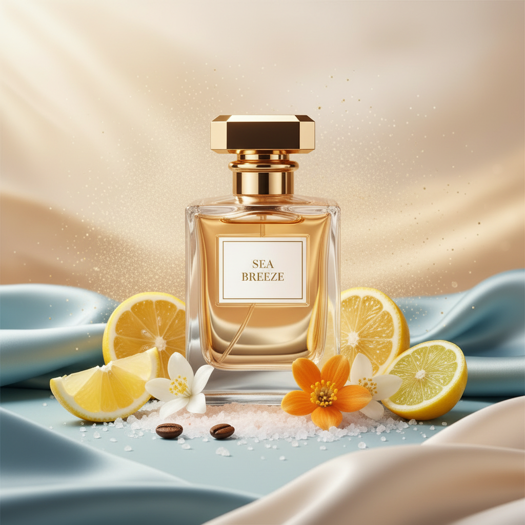 صورة منتج عطر نسمة البحر بخلفية حريرية زرقاء وكريمية والاسم SEA BREEZE على الزجاجة مع حمضيات وملح بحري