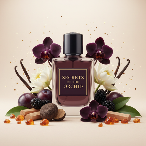 صورة منتج عطر أسرار الأوركيد بزجاجة داكنة والاسم SECRETS OF THE ORCHID على الزجاجة مع أوركيد سوداء ولوتس وفانيليا وعنبر